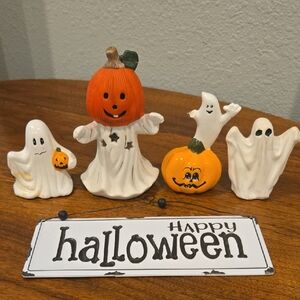 Halloween Ghost and Pumpkin Figurines with Sign